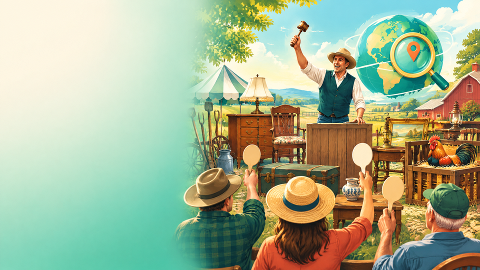 People discovering estate-sale finds, attending a farm auction, and searching worldwide local sales